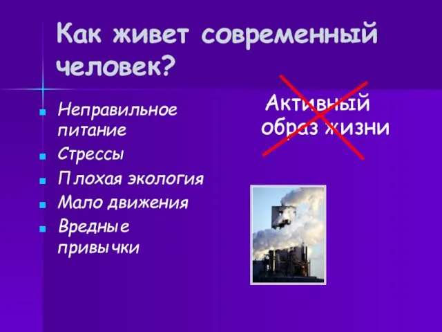 Как живет современный человек? Активный образ жизни Неправильное питание Стрессы Плохая экология Мало движения Вредные привычки