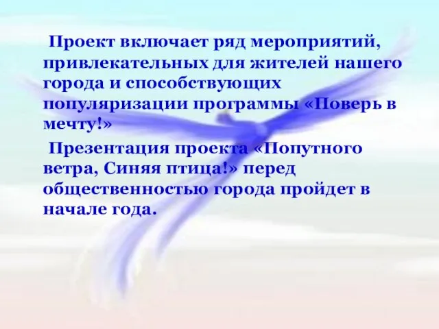 Проект включает ряд мероприятий, привлекательных для жителей нашего города и способствующих популяризации