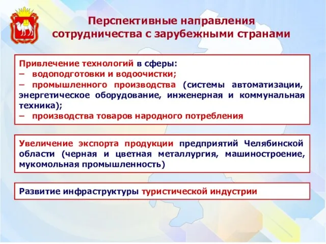 Перспективные направления сотрудничества с зарубежными странами Увеличение экспорта продукции предприятий Челябинской области