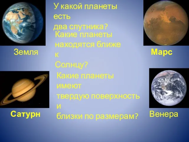 Земля Марс Сатурн Венера У какой планеты есть два спутника? Какие планеты