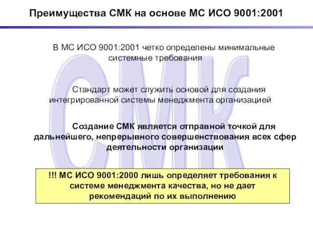 Преимущества СМК на основе МС ИСО 9001:2001 В МС ИСО 9001:2001 четко