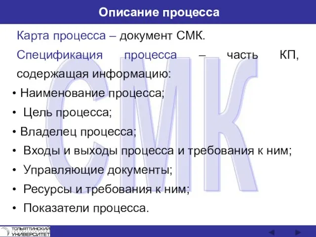 Описание процесса Карта процесса – документ СМК. Спецификация процесса – часть КП,