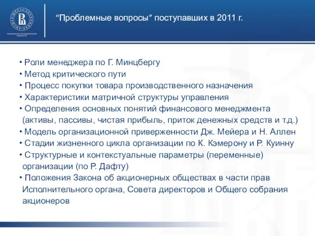 “Проблемные вопросы” поступавших в 2011 г. Роли менеджера по Г. Минцбергу Метод