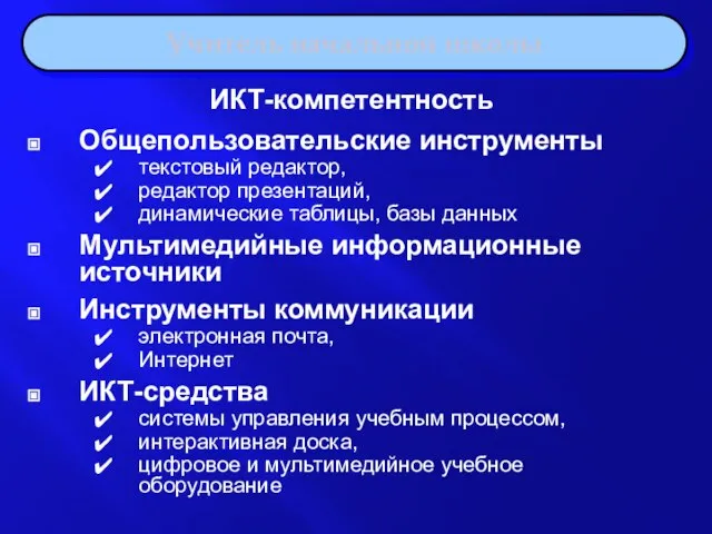 Учитель начальной школы ИКТ-компетентность Общепользовательские инструменты текстовый редактор, редактор презентаций, динамические таблицы,