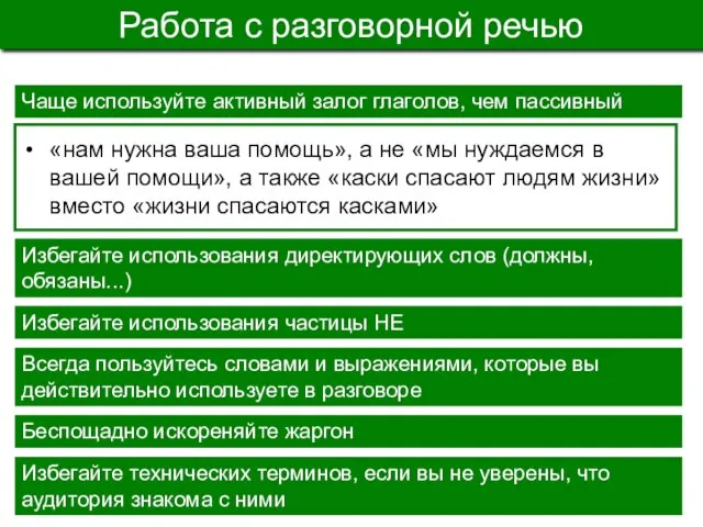 Работа с разговорной речью «нам нужна ваша помощь», а не «мы нуждаемся