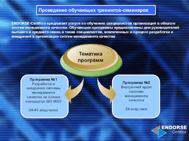 Проведение обучающих тренингов-семинаров ENDORSE-Certifico предлагает услуги по обучению специалистов организаций в области