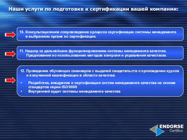 Наши услуги по подготовке к сертификации вашей компании: 10. Консультационное сопровождение процесса