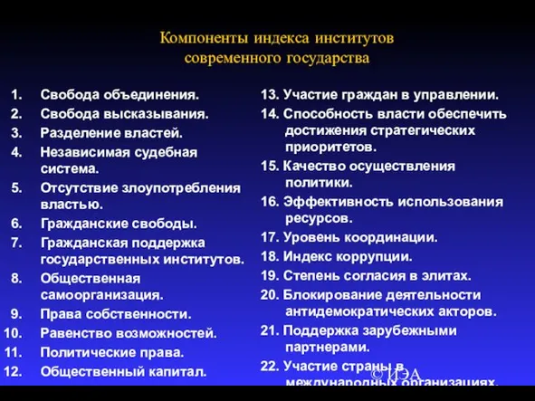 © ИЭА Компоненты индекса институтов современного государства Свобода объединения. Свобода высказывания. Разделение