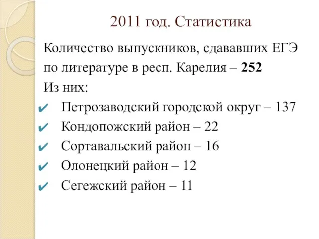 2011 год. Статистика Количество выпускников, сдававших ЕГЭ по литературе в респ. Карелия