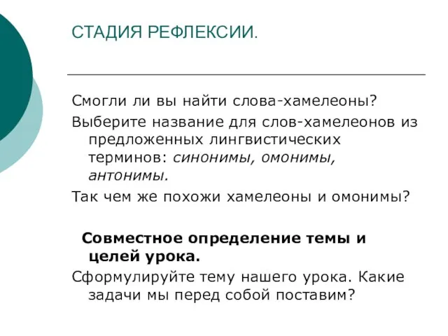 СТАДИЯ РЕФЛЕКСИИ. Смогли ли вы найти слова-хамелеоны? Выберите название для слов-хамелеонов из