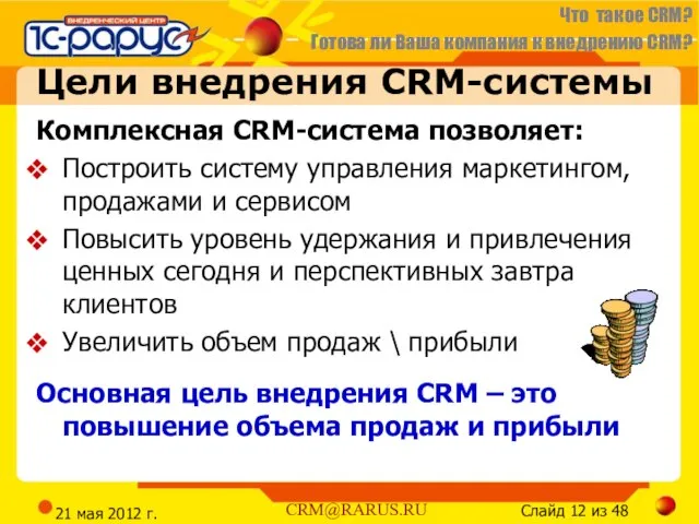 21 мая 2012 г. Цели внедрения CRM-системы Комплексная CRM-система позволяет: Построить систему