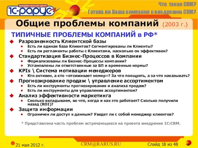 21 мая 2012 г. Общие проблемы компаний (2003 г.) ТИПИЧНЫЕ ПРОБЛЕМЫ КОМПАНИЙ