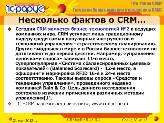 21 мая 2012 г. Несколько фактов о CRM… Сегодня CRM является бизнес-технологией