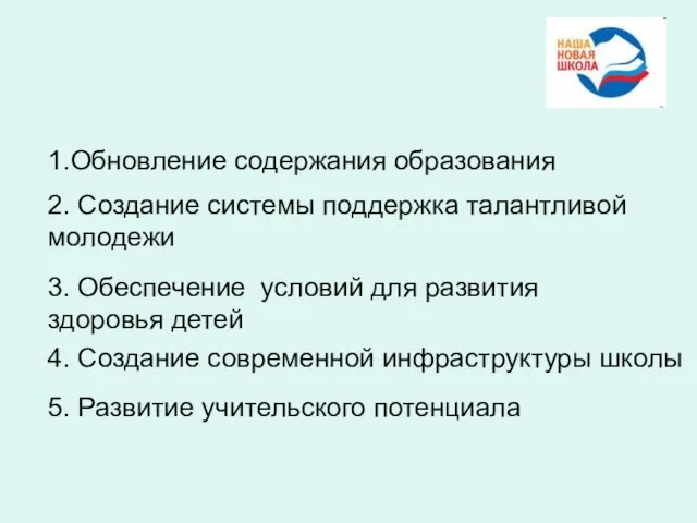 2. Создание системы поддержка талантливой молодежи 3. Обеспечение условий для развития здоровья