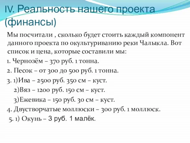 IV. Реальность нашего проекта (финансы) Мы посчитали , сколько будет стоить каждый