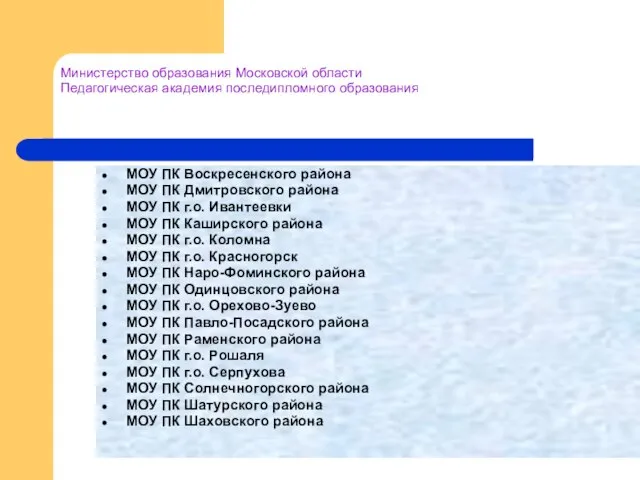 Министерство образования Московской области Педагогическая академия последипломного образования МОУ ПК Воскресенского района