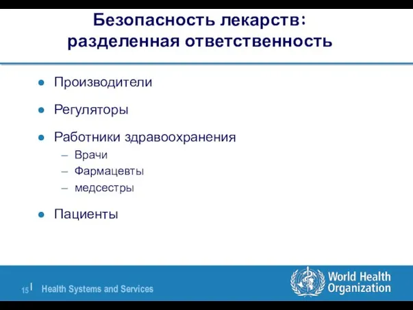 Безопасность лекарств: разделенная ответственность Производители Регуляторы Работники здравоохранения Врачи Фармацевты медсестры Пациенты