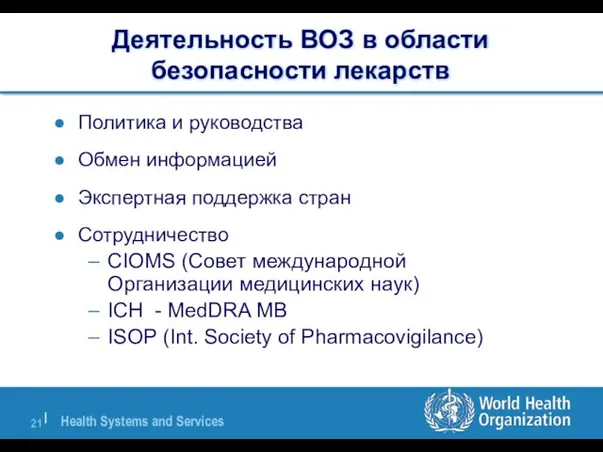 Деятельность ВОЗ в области безопасности лекарств Политика и руководства Обмен информацией Экспертная