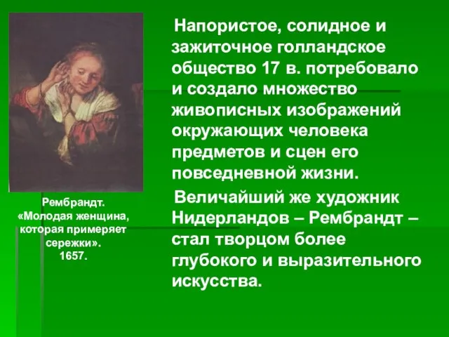 Напористое, солидное и зажиточное голландское общество 17 в. потребовало и создало множество