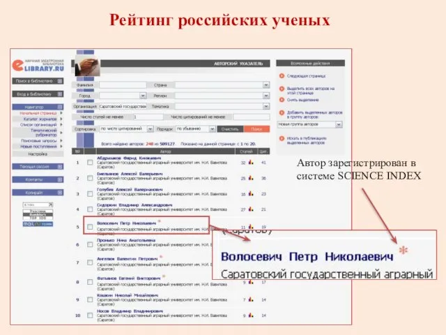 Рейтинг российских ученых Автор зарегистрирован в системе SCIENCE INDEX