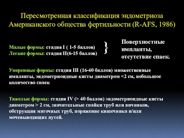 Пересмотренная классификация эндометриоза Американского общества фертильности (R-AFS, 1986)