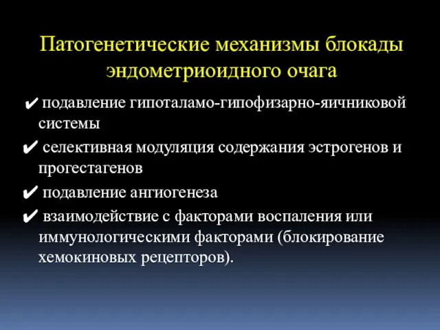 Патогенетические механизмы блокады эндометриоидного очага подавление гипоталамо-гипофизарно-яичниковой системы селективная модуляция содержания эстрогенов