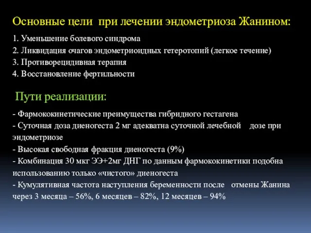 Основные цели при лечении эндометриоза Жанином: 1. Уменьшение болевого синдрома 2. Ликвидация