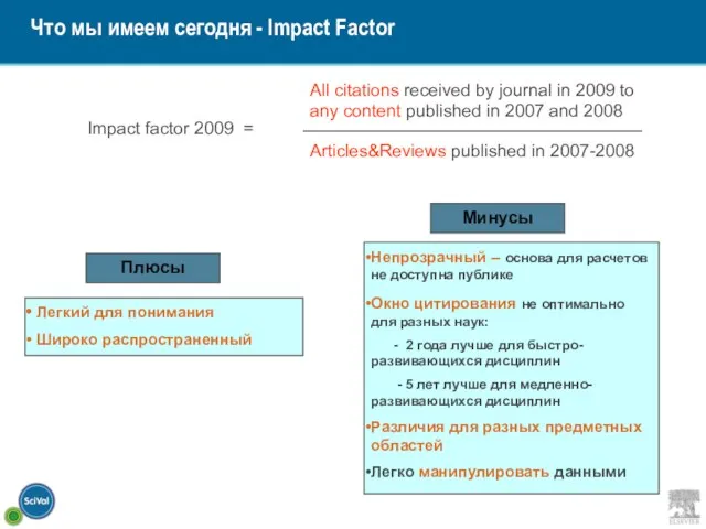 Что мы имеем сегодня - Impact Factor Плюсы Легкий для понимания Широко