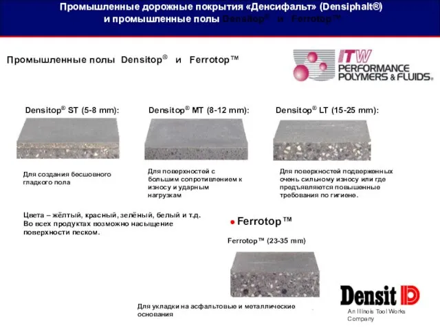 Промышленные дорожные покрытия «Денсифальт» (Densiphalt®) и промышленные полы Densitop® и Ferrotop™ An