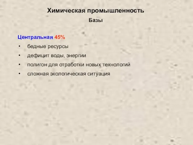 Химическая промышленность Центральная 45% бедные ресурсы дефицит воды, энергии полигон для отработки