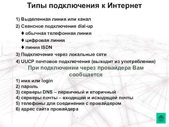 1) Выделенная линия или канал 2) Сеансное подключение dial-up обычная телефонная линия