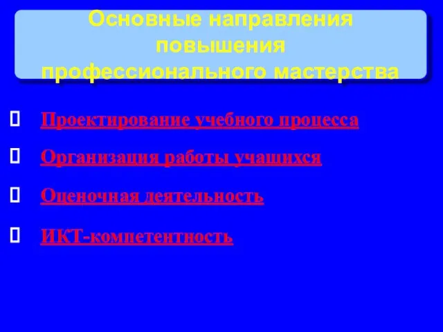 Основные направления повышения профессионального мастерства Проектирование учебного процесса Организация работы учащихся Оценочная деятельность ИКТ-компетентность