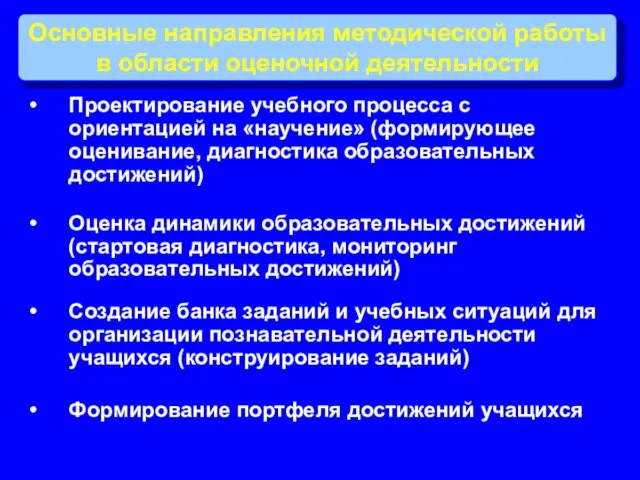 Основные направления методической работы в области оценочной деятельности Проектирование учебного процесса с