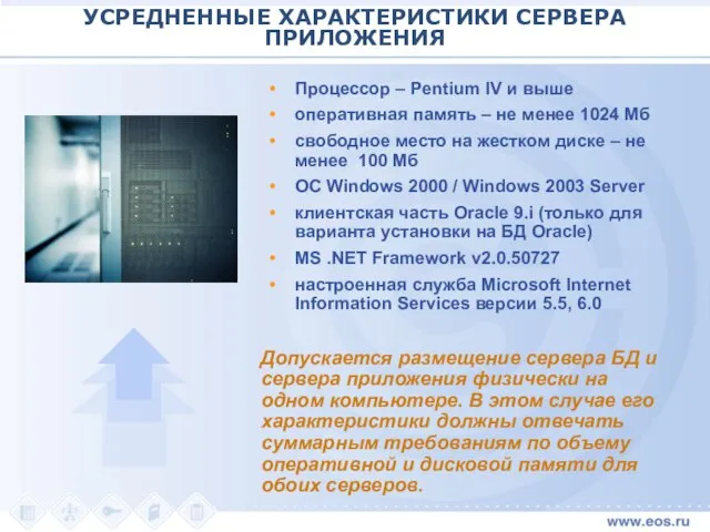 УСРЕДНЕННЫЕ ХАРАКТЕРИСТИКИ СЕРВЕРА ПРИЛОЖЕНИЯ Процессор – Pentium IV и выше оперативная память