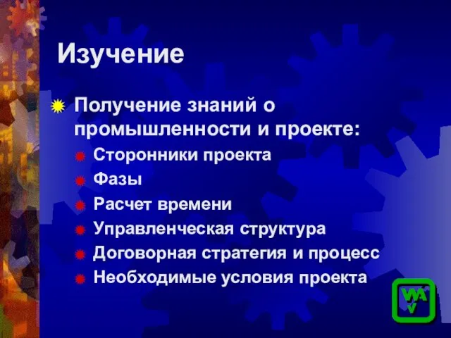 Изучение Получение знаний о промышленности и проекте: Сторонники проекта Фазы Расчет времени