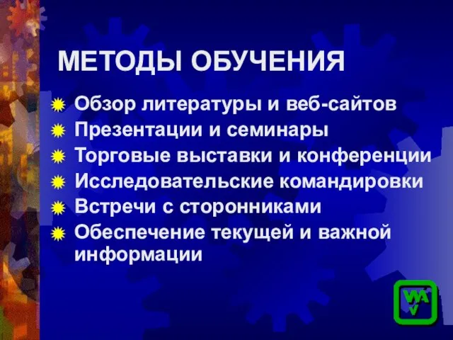 МЕТОДЫ ОБУЧЕНИЯ Обзор литературы и веб-сайтов Презентации и семинары Торговые выставки и