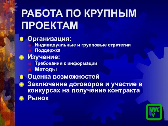 РАБОТА ПО КРУПНЫМ ПРОЕКТАМ Организация: Индивидуальные и групповые стратегии Поддержка Изучение: Требования