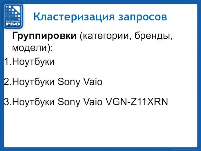 Кластеризация запросов Группировки (категории, бренды, модели): Ноутбуки Ноутбуки Sony Vaio Ноутбуки Sony Vaio VGN-Z11XRN