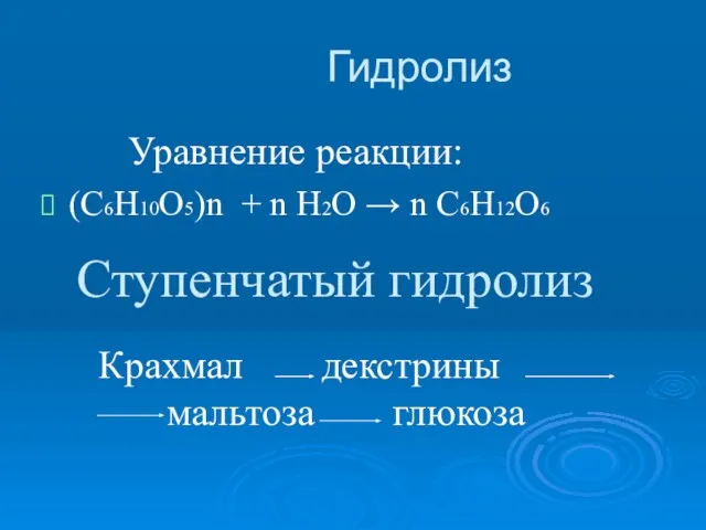 Гидролиз Уравнение реакции: (С6Н10О5)n + n H2O → n C6H12O6 Ступенчатый гидролиз Крахмал декстрины мальтоза глюкоза