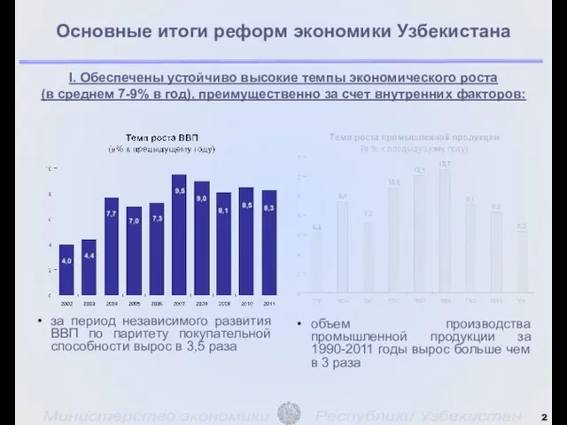 I. Обеспечены устойчиво высокие темпы экономического роста (в среднем 7-9% в год),