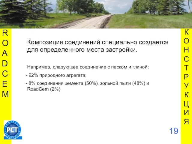 КОНСТРУКЦИЯ ROADCEM 19 Композиция соединений специально создается для определенного места застройки. Например,