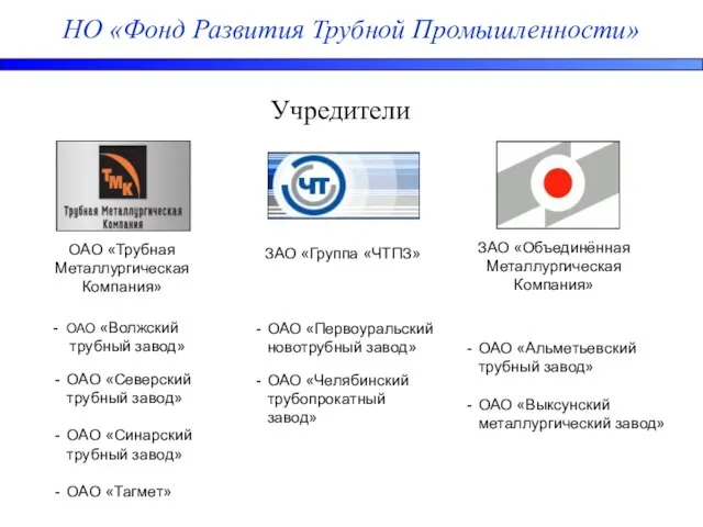 НО «Фонд Развития Трубной Промышленности» ОАО «Трубная Металлургическая Компания» ЗАО «Объединённая Металлургическая