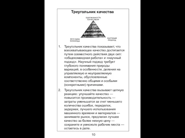 Треугольник качества 10 Треугольник качества показывает, что всеохватывающее качество достигается путем совместного