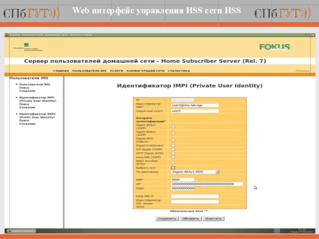 Web интерфейс управления HSS сети HSS