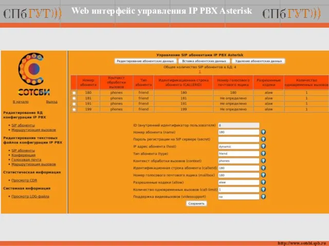 http://www.sotsbi.spb.ru Web интерфейс управления IP PBX Asterisk