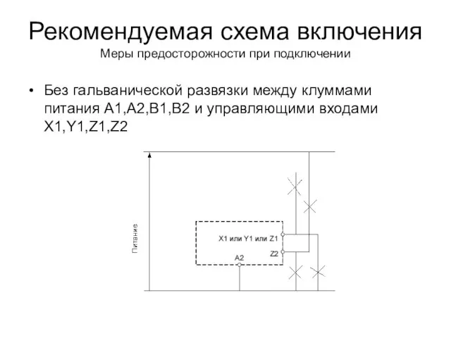 Рекомендуемая схема включения Меры предосторожности при подключении Без гальванической развязки между клуммами