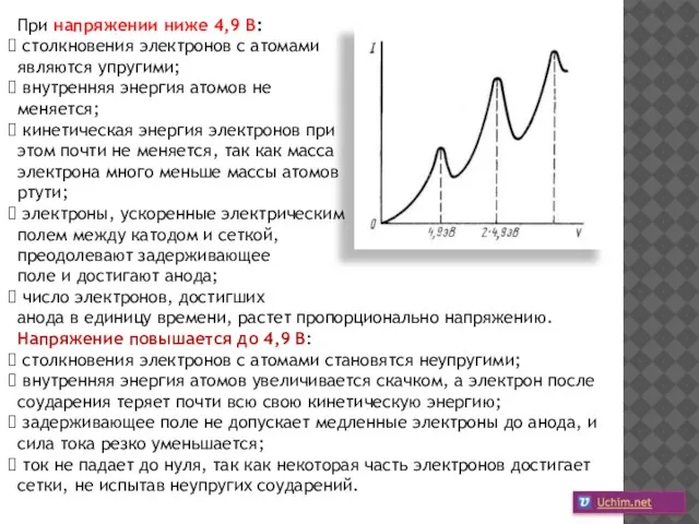 При напряжении ниже 4,9 В: столкновения электронов с атомами являются упругими; внутренняя