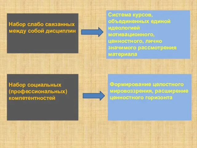 Набор слабо связанных между собой дисциплин Система курсов, объединенных единой идеологией мотивационного,