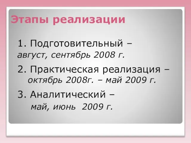 Этапы реализации 1. Подготовительный – август, сентябрь 2008 г. 2. Практическая реализация