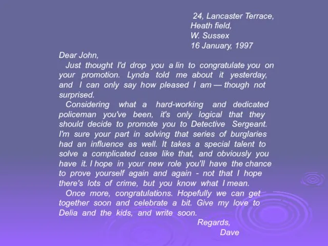 24, Lancaster Terrace, Heath field, W. Sussex 16 January, 1997 Dear John,